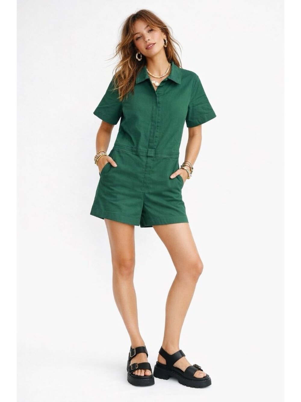 FOR DAYS romper playsuit forest green MEDIUM organic cotton shorts short sleeve